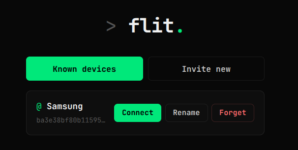flit Known devices tab — Samsung device listed with Connect, Rename, Forget buttons