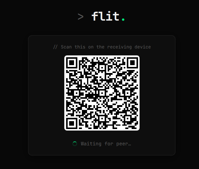 flit QR pairing screen — large QR code displayed with 'Waiting for peer…' status