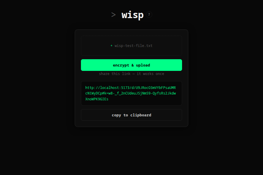 wisp — encrypt-and-upload success screen showing a one-time share link