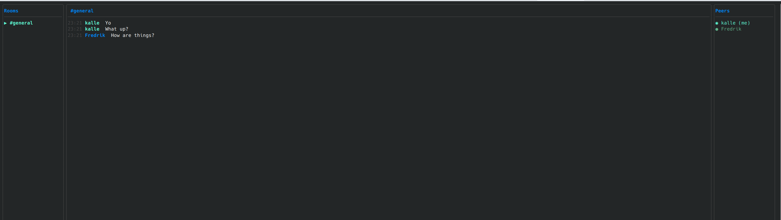 waste-go terminal UI showing a chat session between two peers in #general